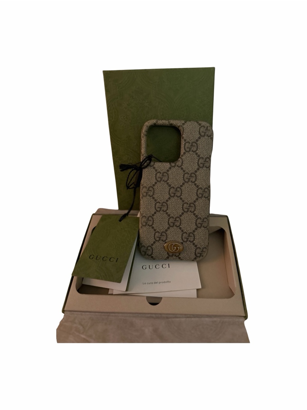 Gucci Beige Monogram GG Canvas iPhone Case with Gold Logo fits 13 Pro or 16 Pro